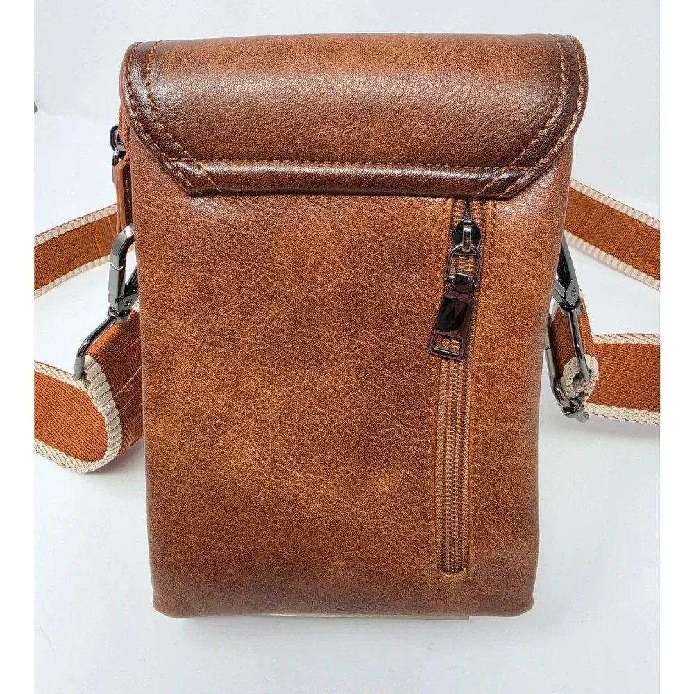 Vimutti Brown Floral Embossed Crossbody Phone Bag Vegan Leather Guitar Strap